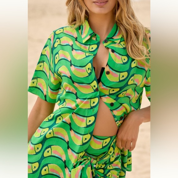 Farm Rio Tropical Green Toucan Print Shirt tubacana button down - Picture 8 of 9